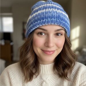 Blue and White Striped Knit Beanie